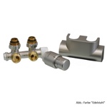 Дизайн-набор узел подключения (бинокль) угловой, термостатическая головка, кожух (цвет сатин-сталь), ниппеля  OVENTROP Anschluss-Set art.-nr. 1184384 MULTIBLOCK T/UNI SH- фото2