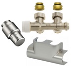 Дизайн-набор узел подключения (бинокль) угловой, термостатическая головка, кожух (цвет сатин-сталь), ниппеля  OVENTROP Anschluss-Set art.-nr. 1184384 MULTIBLOCK T/UNI SH- фото