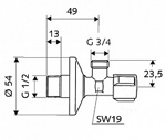 Кран вентильный установочный угловой  SCHELL  1/2-3/4 для стиральной машины- фото2